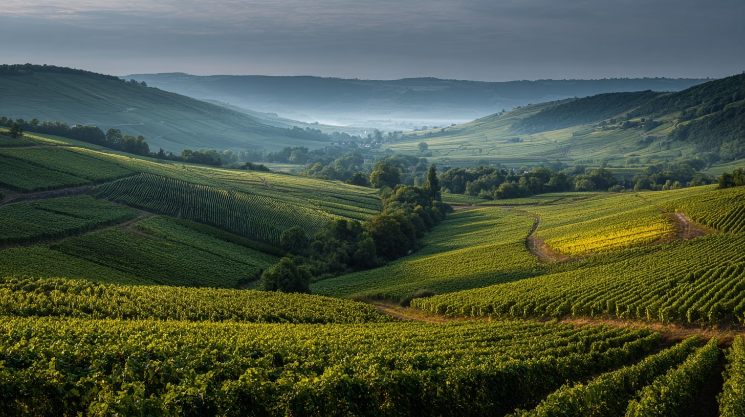 Collines viticoles de Pouilly-Fuissé avec des vignes de chardonnay sur des coteaux vallonnés.