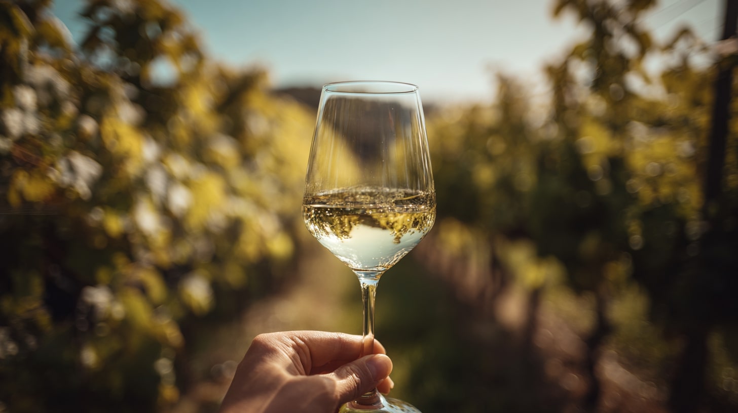 Verre de vin blanc dégusté au cœur des vignes pour relier le vin à son terroir d’origine.