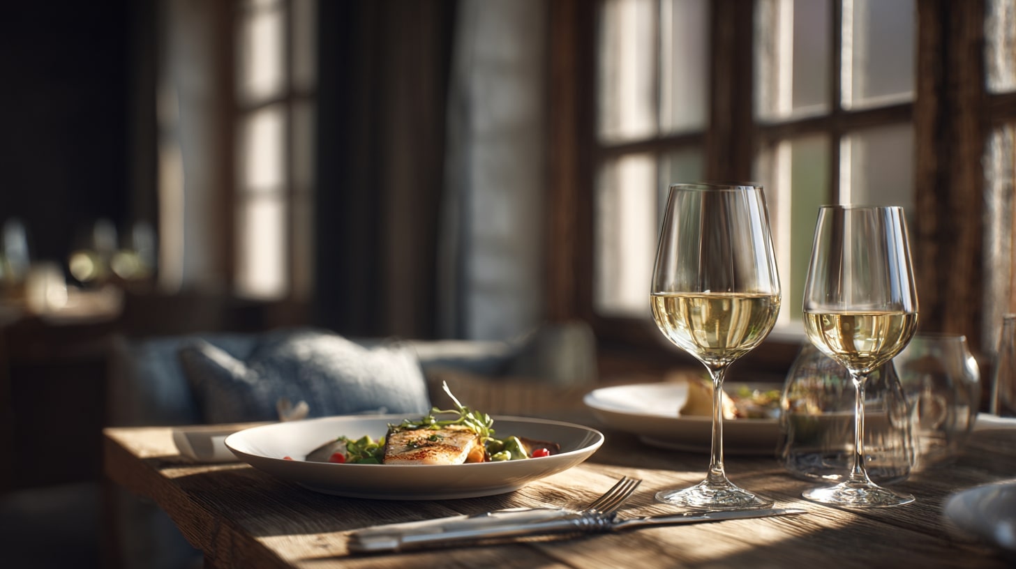 Table dressée avec un vin blanc de Pouilly-Fuissé pour accompagner un repas gastronomique.